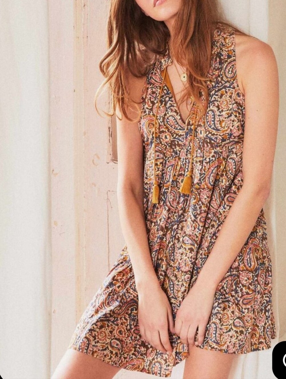 Sezane Arielle Paisley A-Line Tassel V-Neck Mini Dress